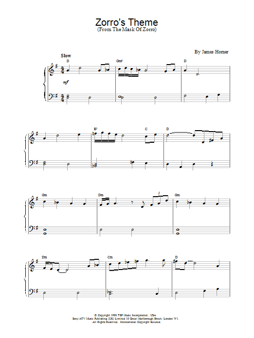 James Horner Zorro's Theme sheet music notes and chords arranged for Piano Solo