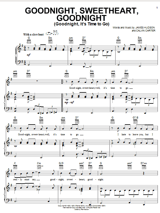 James Hudson Goodnight, Sweetheart, Goodnight (Goodnight, It's Time To Go) sheet music notes and chords arranged for Piano, Vocal & Guitar Chords (Right-Hand Melody)