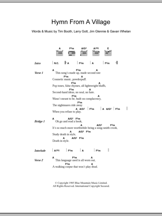 James Hymn From A Village sheet music notes and chords arranged for Guitar Chords/Lyrics
