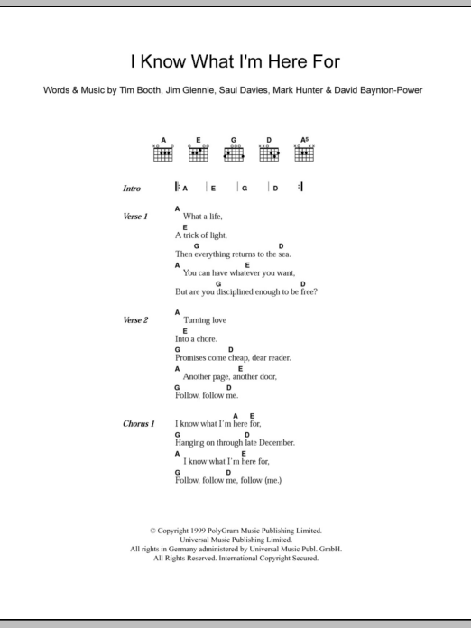 James I Know What I'm Here For sheet music notes and chords arranged for Guitar Chords/Lyrics