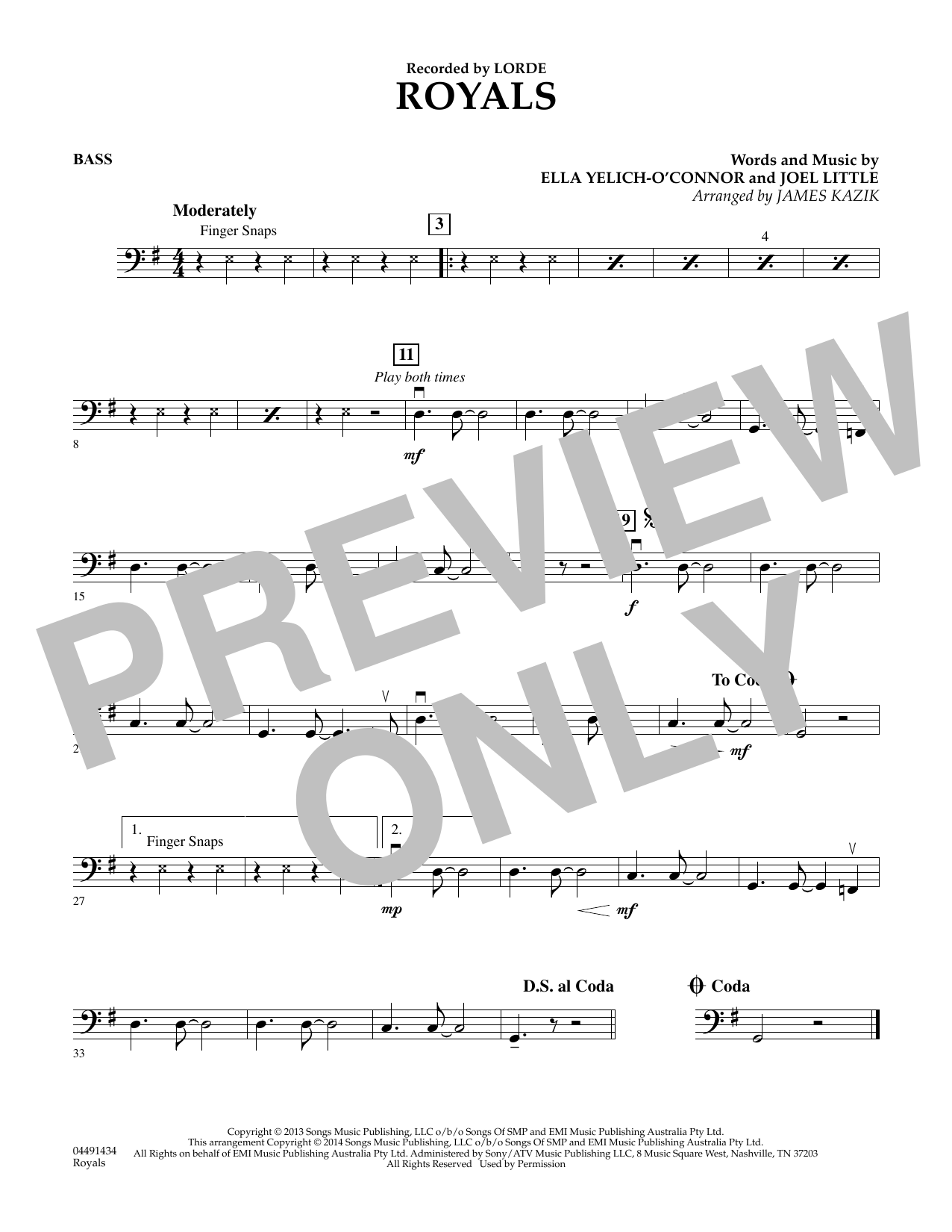 James Kazik Royals - Bass sheet music notes and chords arranged for Orchestra