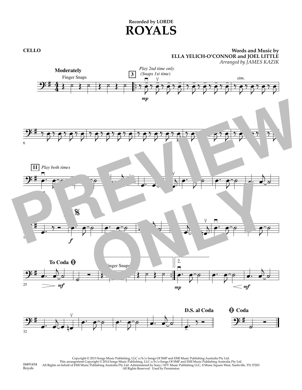 James Kazik Royals - Cello sheet music notes and chords arranged for Orchestra