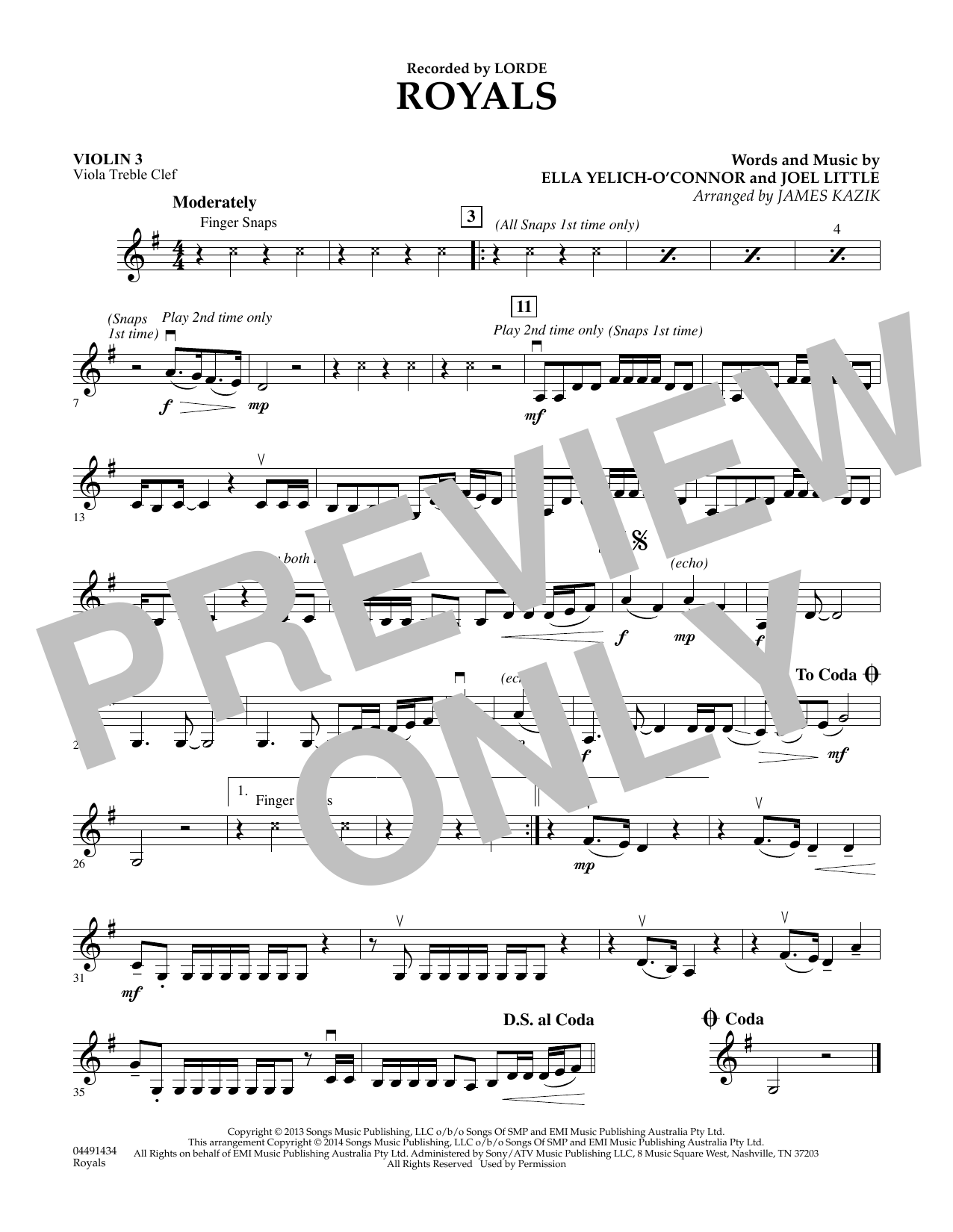 James Kazik Royals - Violin 3 (Viola Treble Clef) sheet music notes and chords arranged for Orchestra