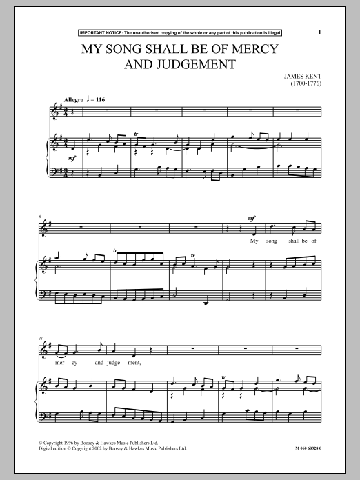 James Kent My Song Shall Be Of Mercy And Judgement sheet music notes and chords arranged for Piano & Vocal