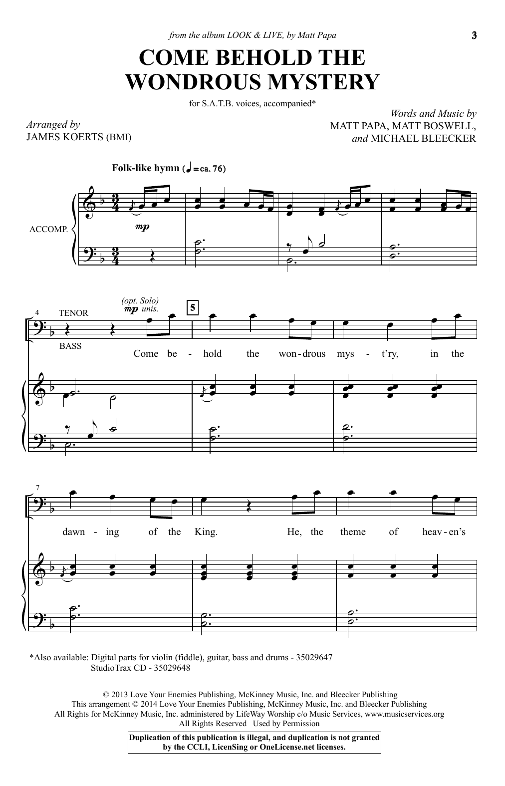 James Koerts Come Behold The Wondrous Mystery sheet music notes and chords arranged for SATB Choir