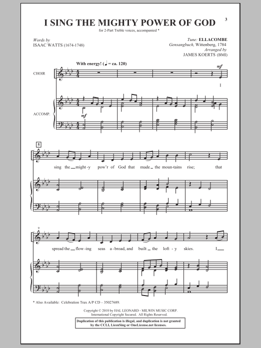 James Koerts I Sing The Mighty Power Of God sheet music notes and chords arranged for 2-Part Choir