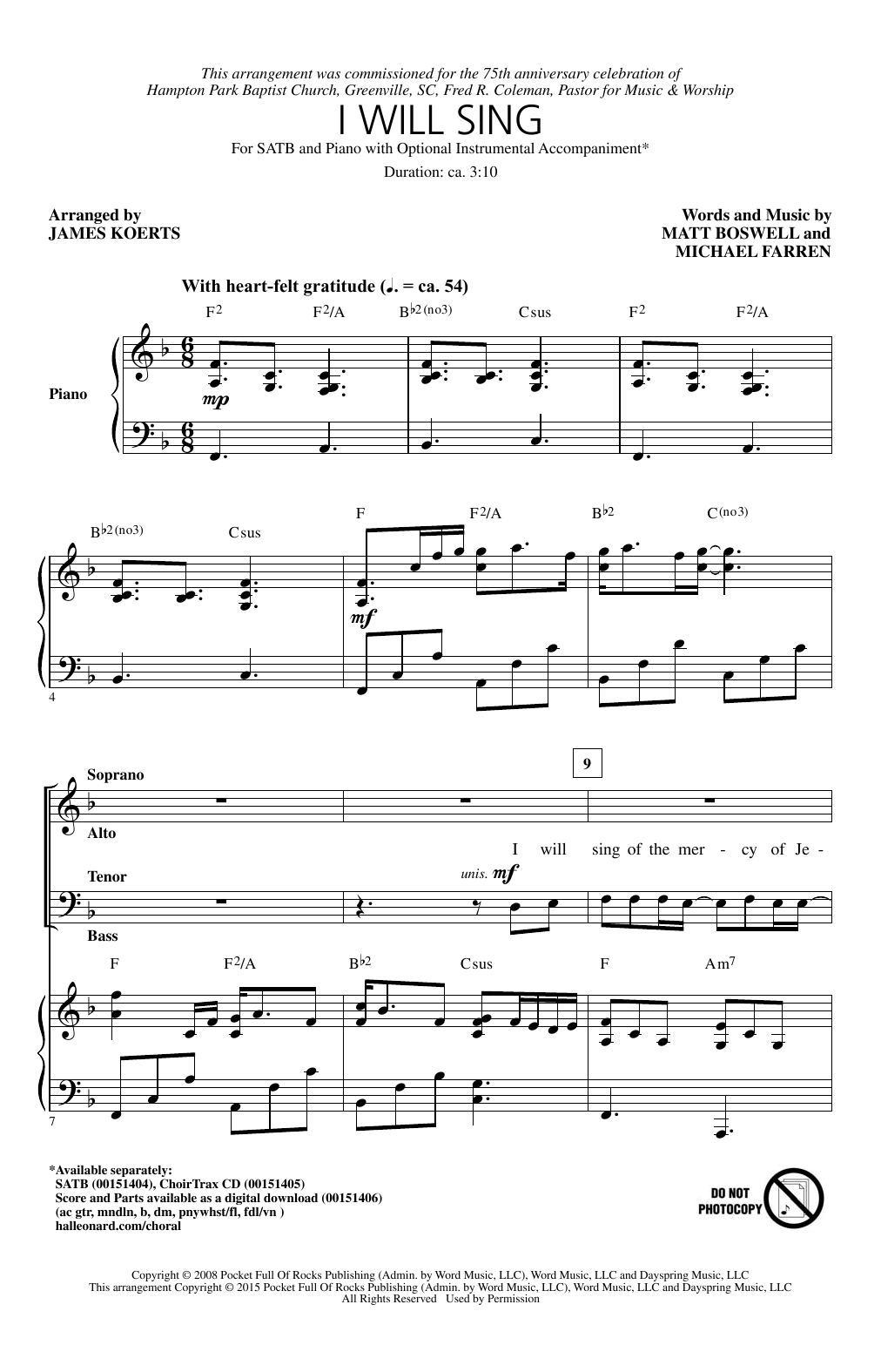 James Koerts I Will Sing sheet music notes and chords arranged for SATB Choir