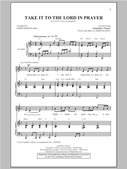 James Koerts Take It To The Lord In Prayer (with Somebody's Prayin') sheet music notes and chords arranged for SATB Choir