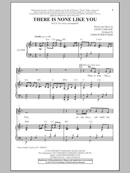 James Koerts There Is None Like You sheet music notes and chords arranged for SATB Choir