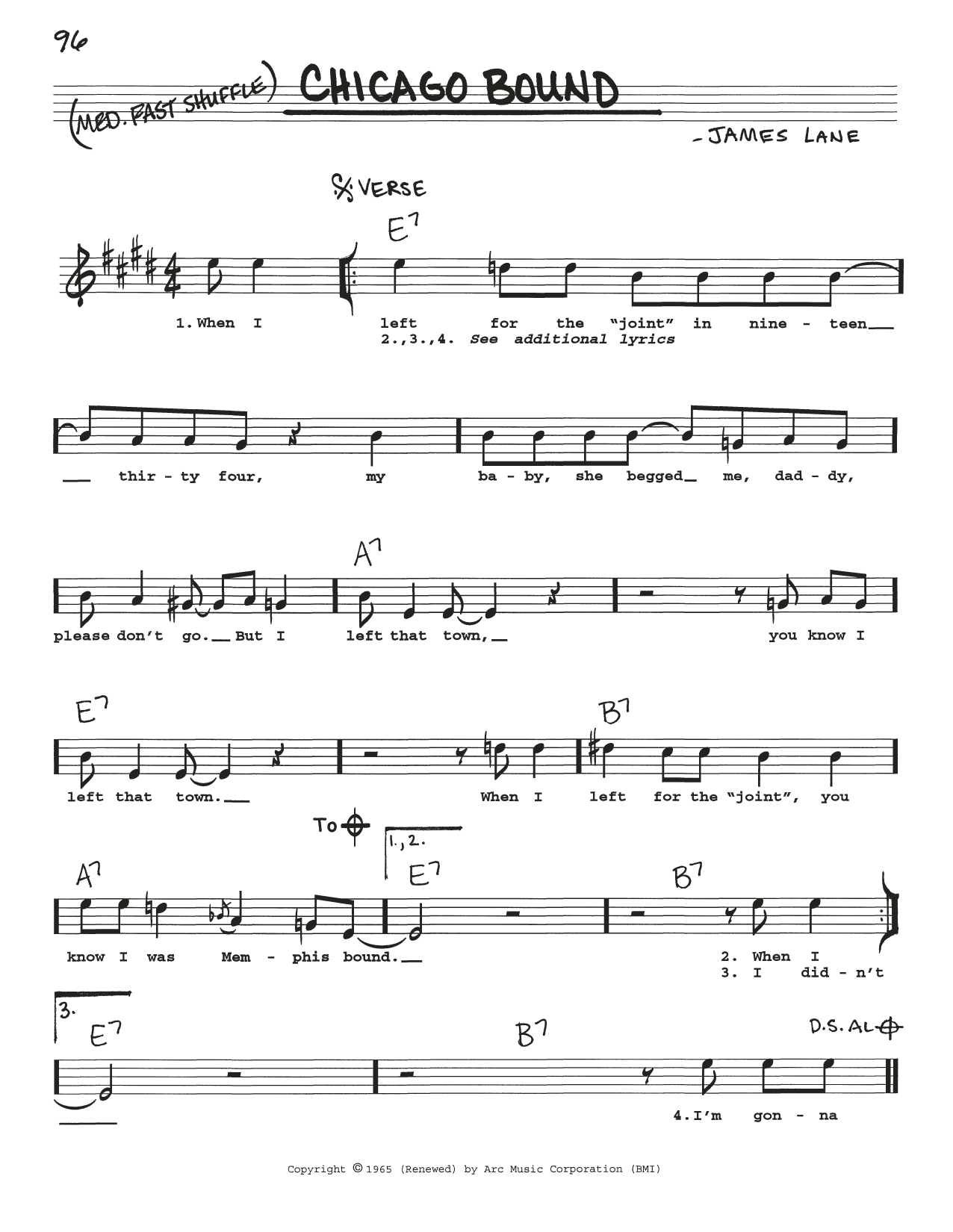 James Lane Chicago Bound sheet music notes and chords arranged for Real Book – Melody, Lyrics & Chords