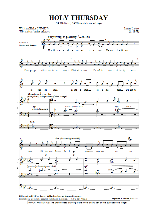 James Lavino Holy Thursday sheet music notes and chords arranged for SATB Choir