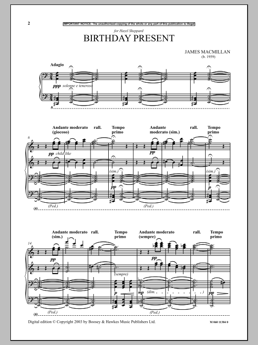 James MacMillan Birthday Present sheet music notes and chords arranged for Piano Solo