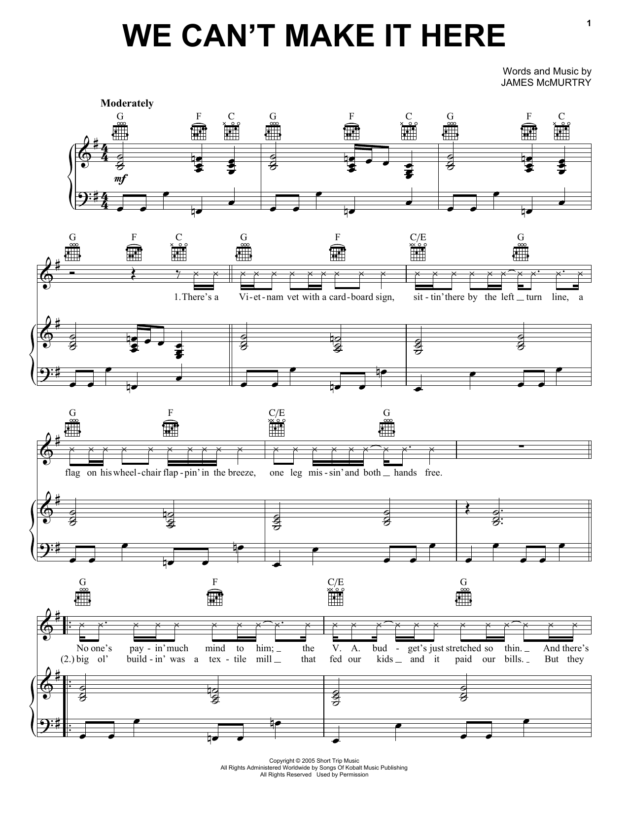 James Mc Murtry We Can't Make It Here sheet music notes and chords arranged for Piano, Vocal & Guitar Chords (Right-Hand Melody)
