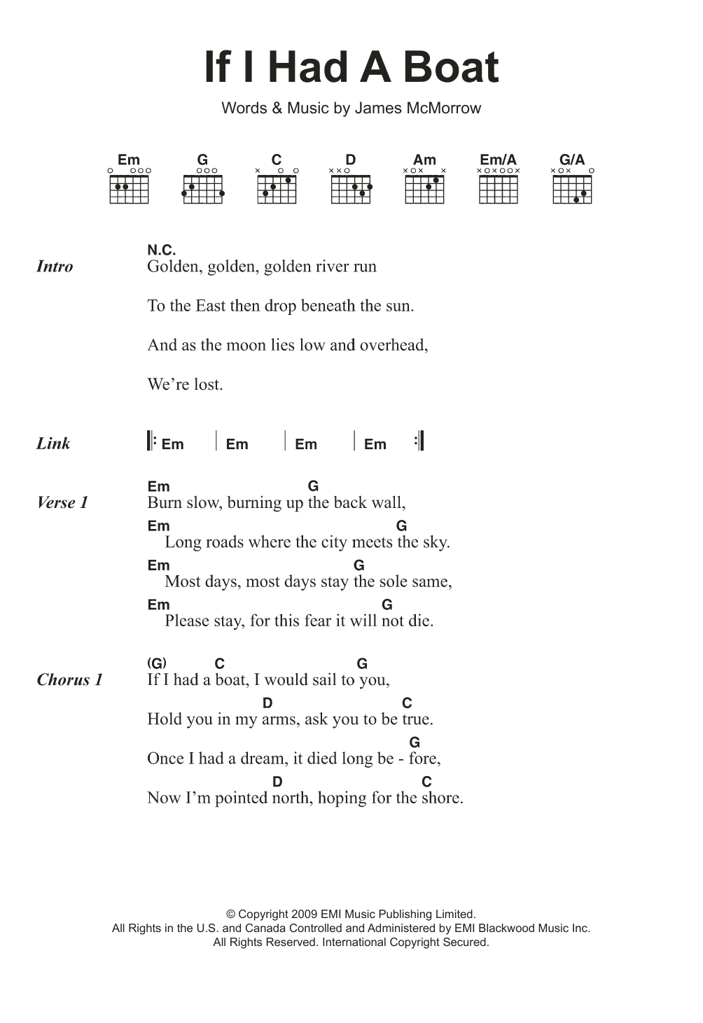 James McMorrow If I Had A Boat sheet music notes and chords arranged for Guitar Chords/Lyrics
