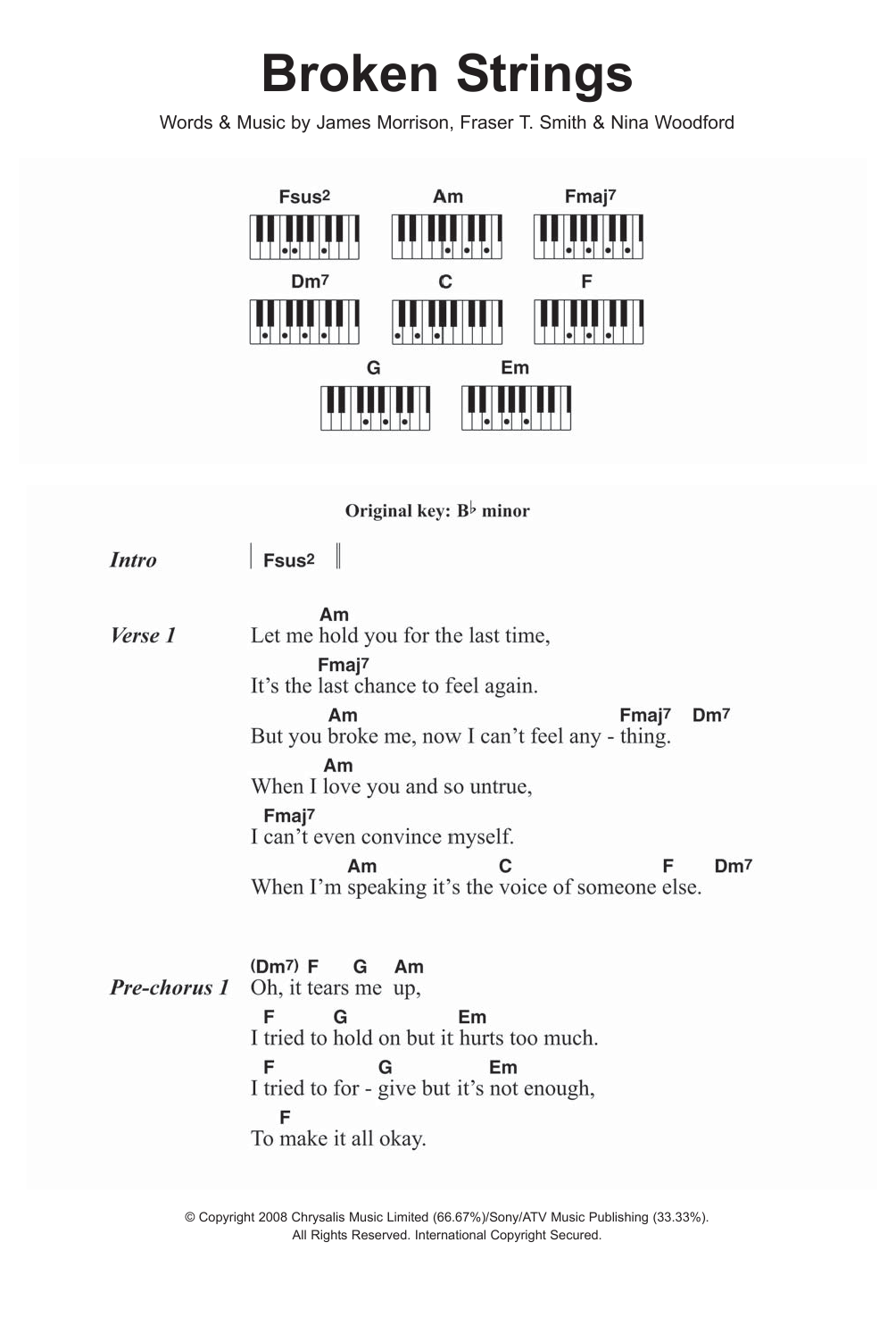 James Morrison Broken Strings (featuring Nelly Furtado) sheet music notes and chords arranged for Piano Chords/Lyrics