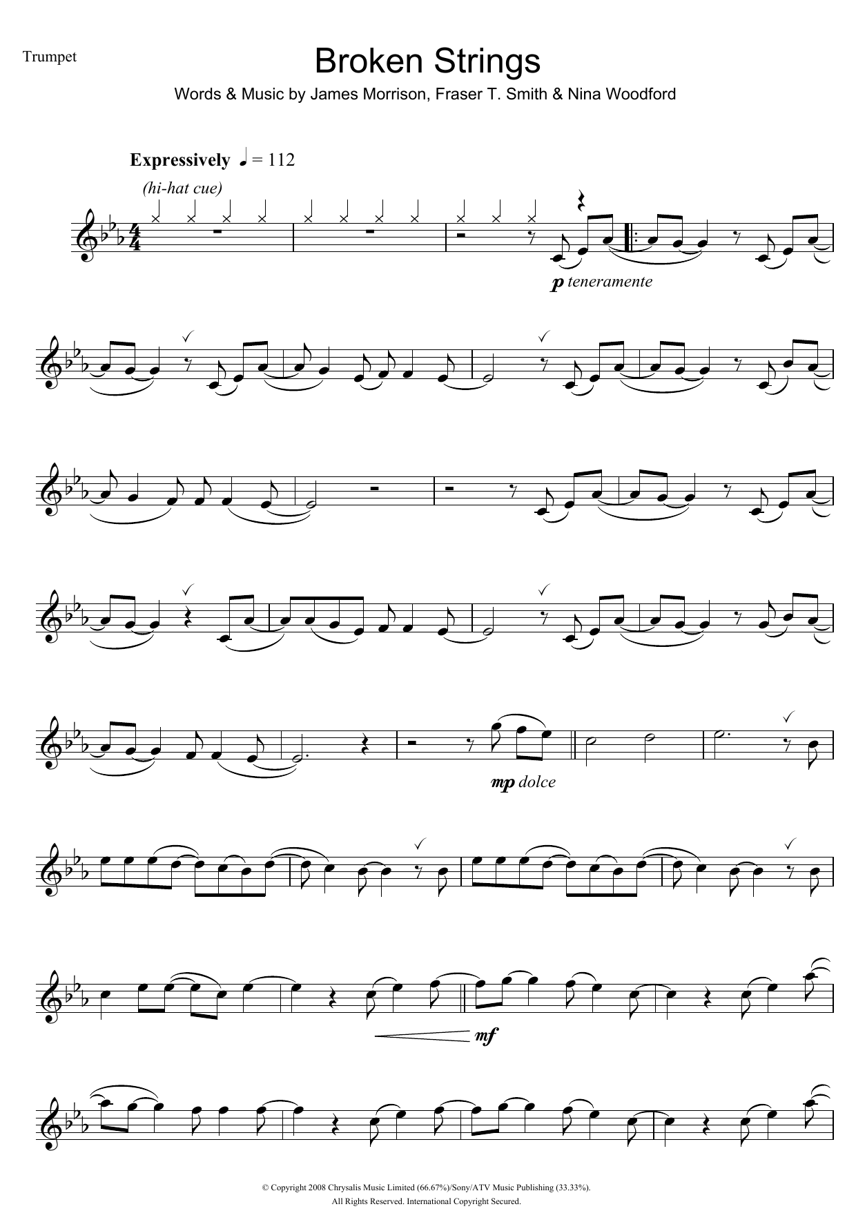 James Morrison Broken Strings sheet music notes and chords arranged for Trumpet Solo