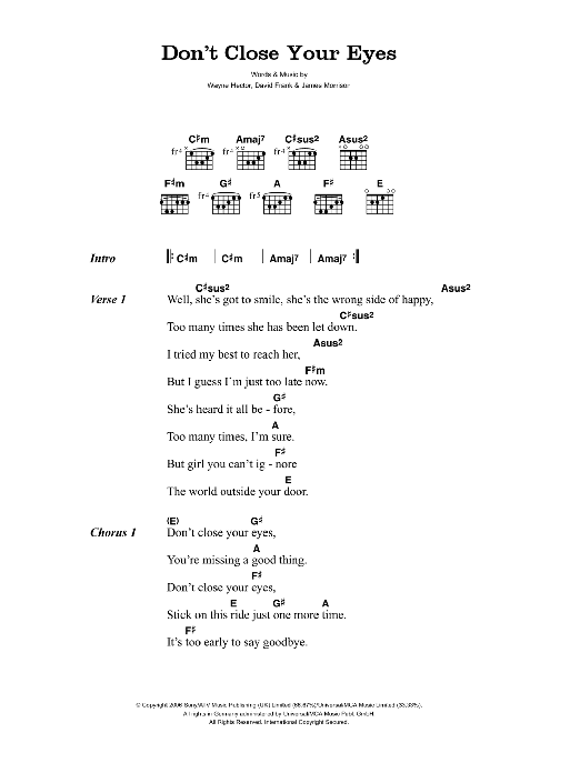 James Morrison Don't Close Your Eyes sheet music notes and chords arranged for Guitar Chords/Lyrics