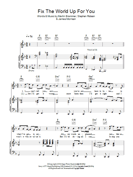 James Morrison Fix The World Up For You sheet music notes and chords arranged for Piano, Vocal & Guitar Chords