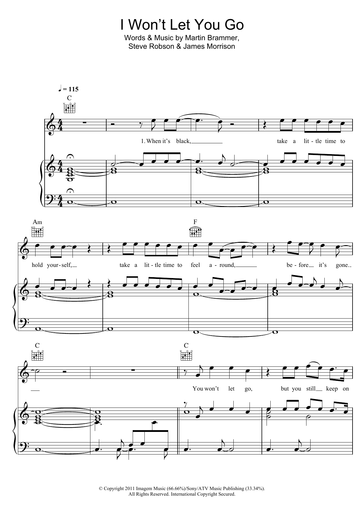 James Morrison I Won't Let You Go sheet music notes and chords arranged for Piano Chords/Lyrics