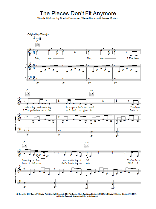 James Morrison The Pieces Don't Fit Anymore sheet music notes and chords arranged for Piano, Vocal & Guitar Chords