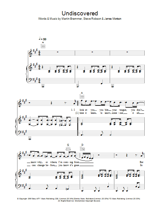 James Morrison Undiscovered sheet music notes and chords arranged for Piano, Vocal & Guitar Chords (Right-Hand Melody)