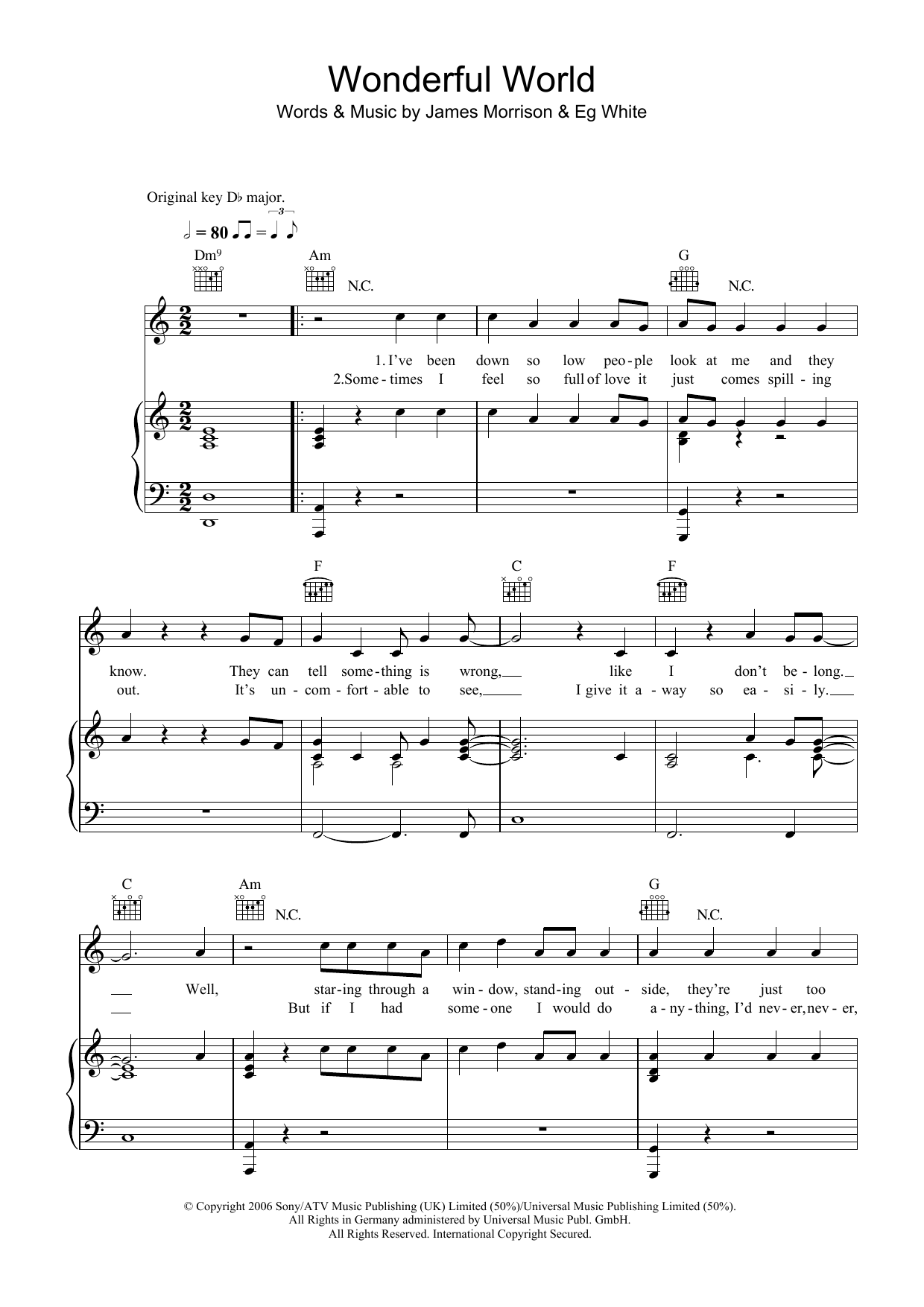 James Morrison Wonderful World sheet music notes and chords arranged for Piano, Vocal & Guitar Chords (Right-Hand Melody)