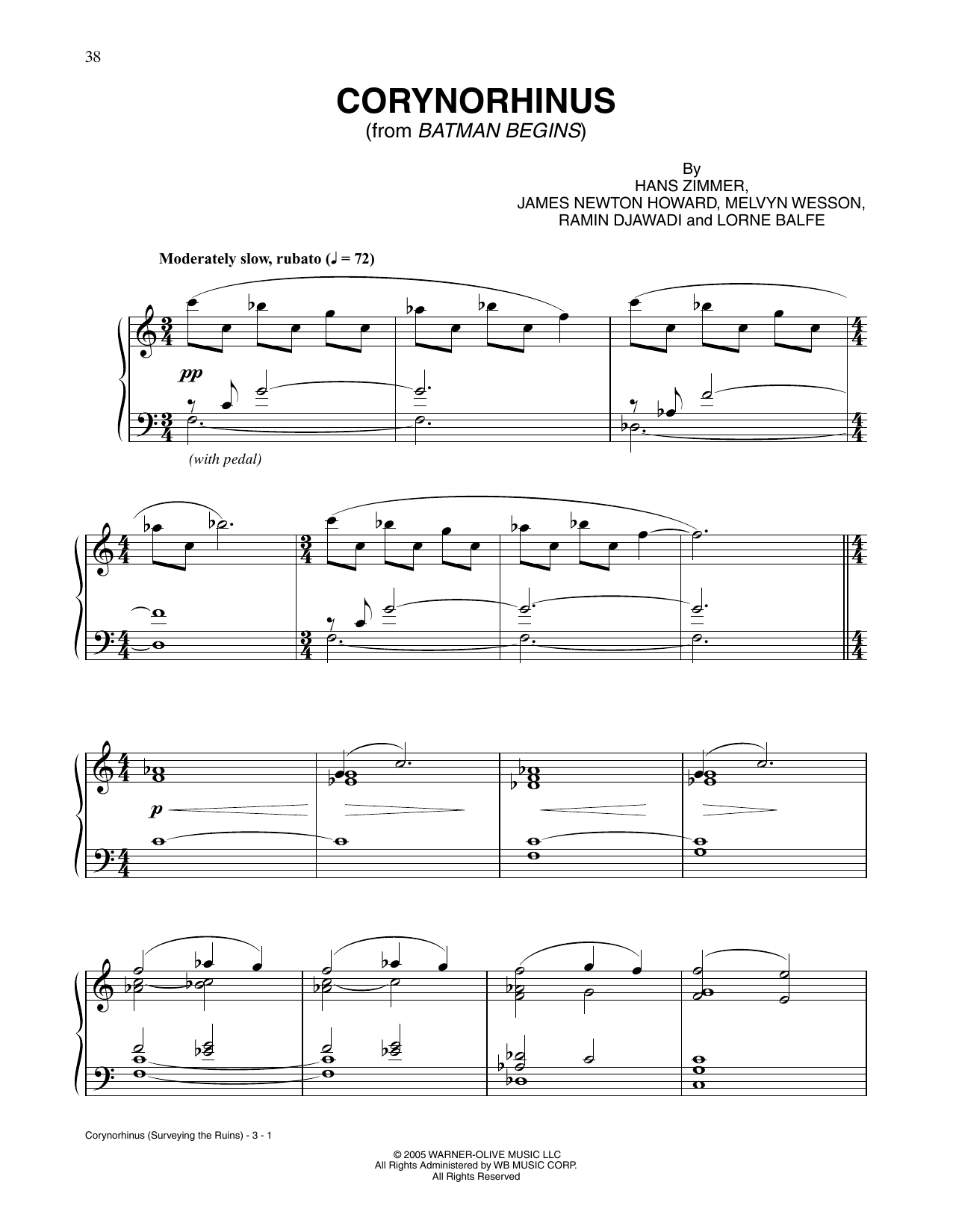 James Newton Howard and Hans Zimmer Corynorhinus (Surveying the Ruins) (from Batman Begins) sheet music notes and chords arranged for Piano Solo