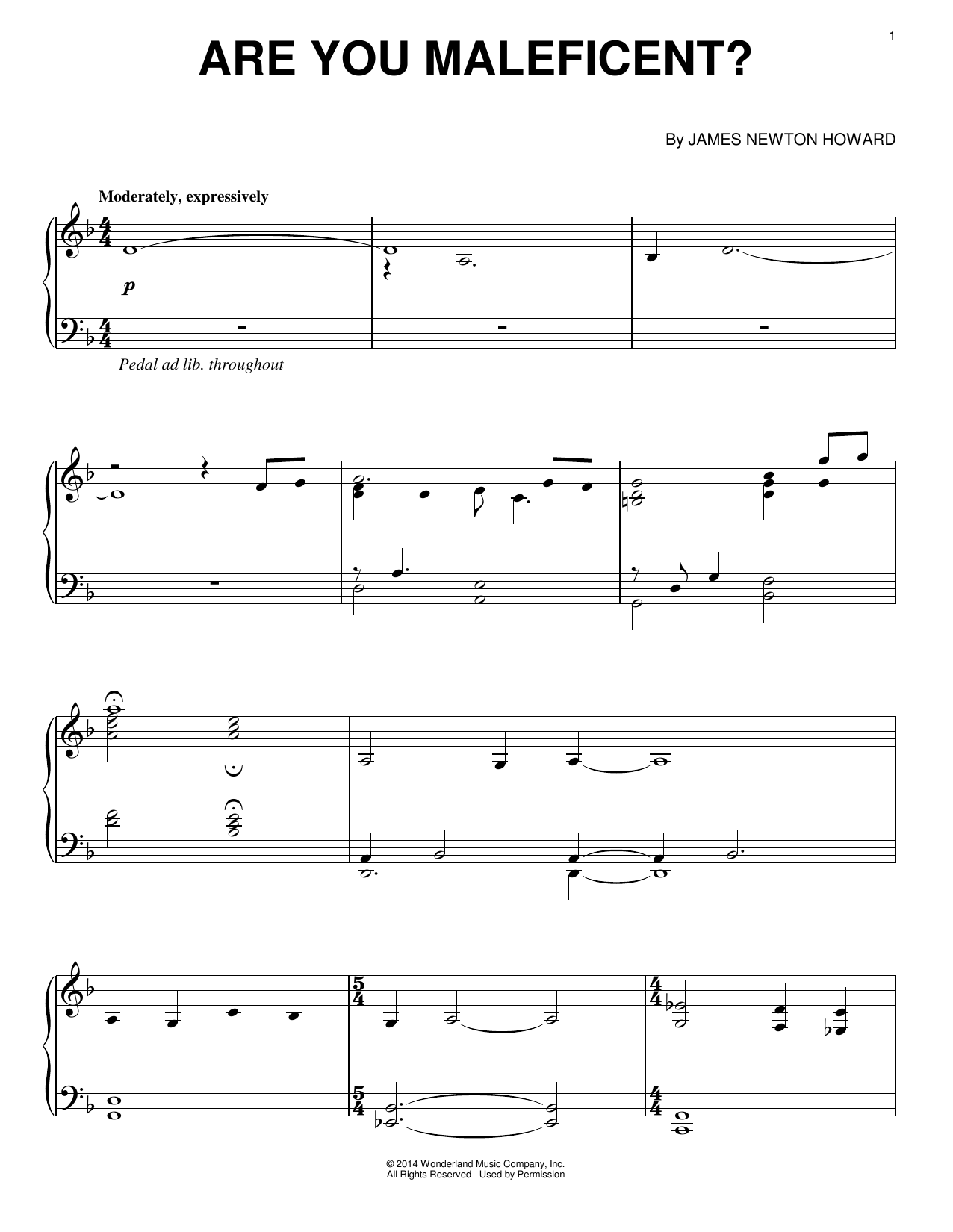 James Newton Howard Are You Maleficent? sheet music notes and chords arranged for Piano Solo