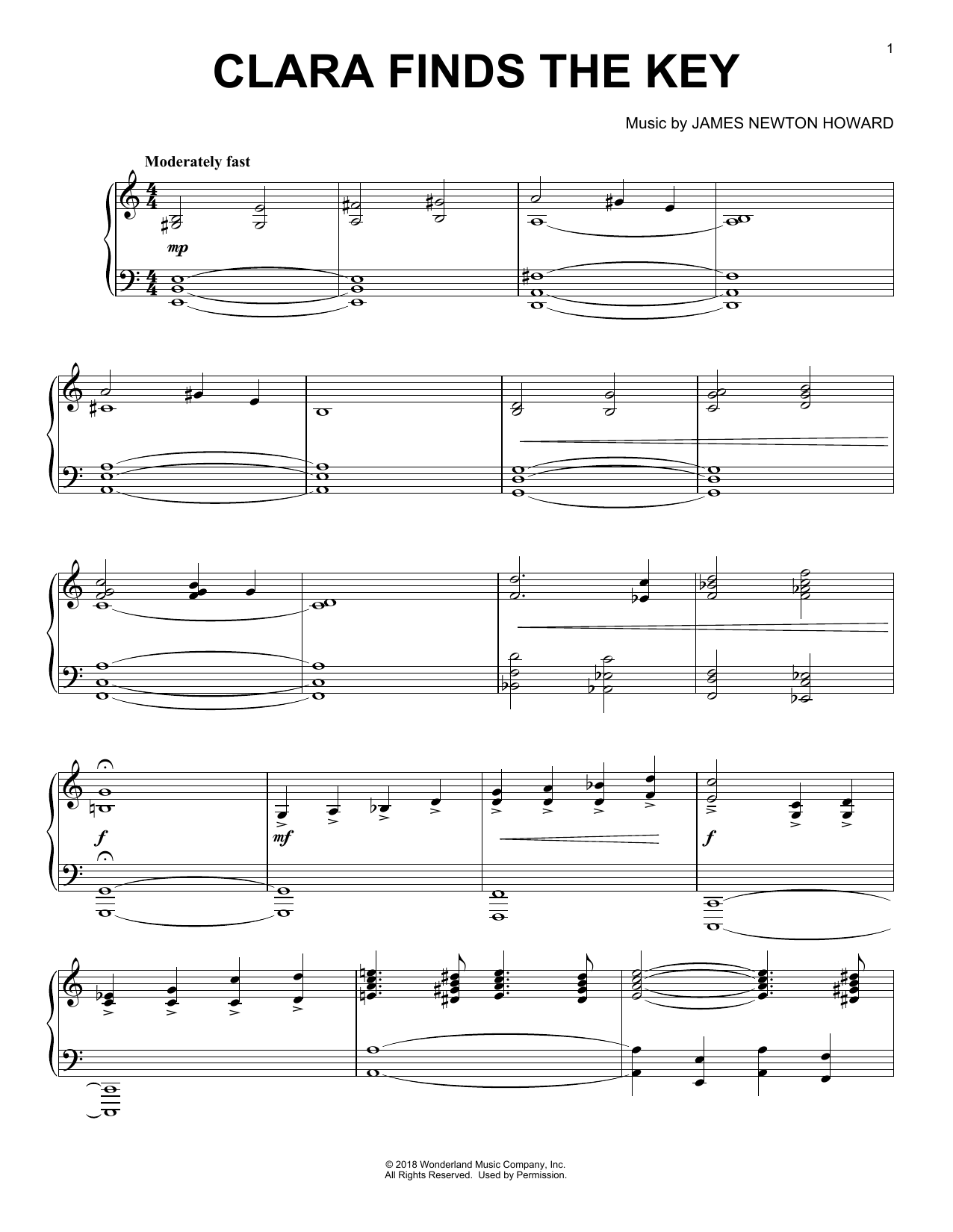 James Newton Howard Clara Finds The Key (from The Nutcracker and The Four Realms) sheet music notes and chords arranged for Piano Solo