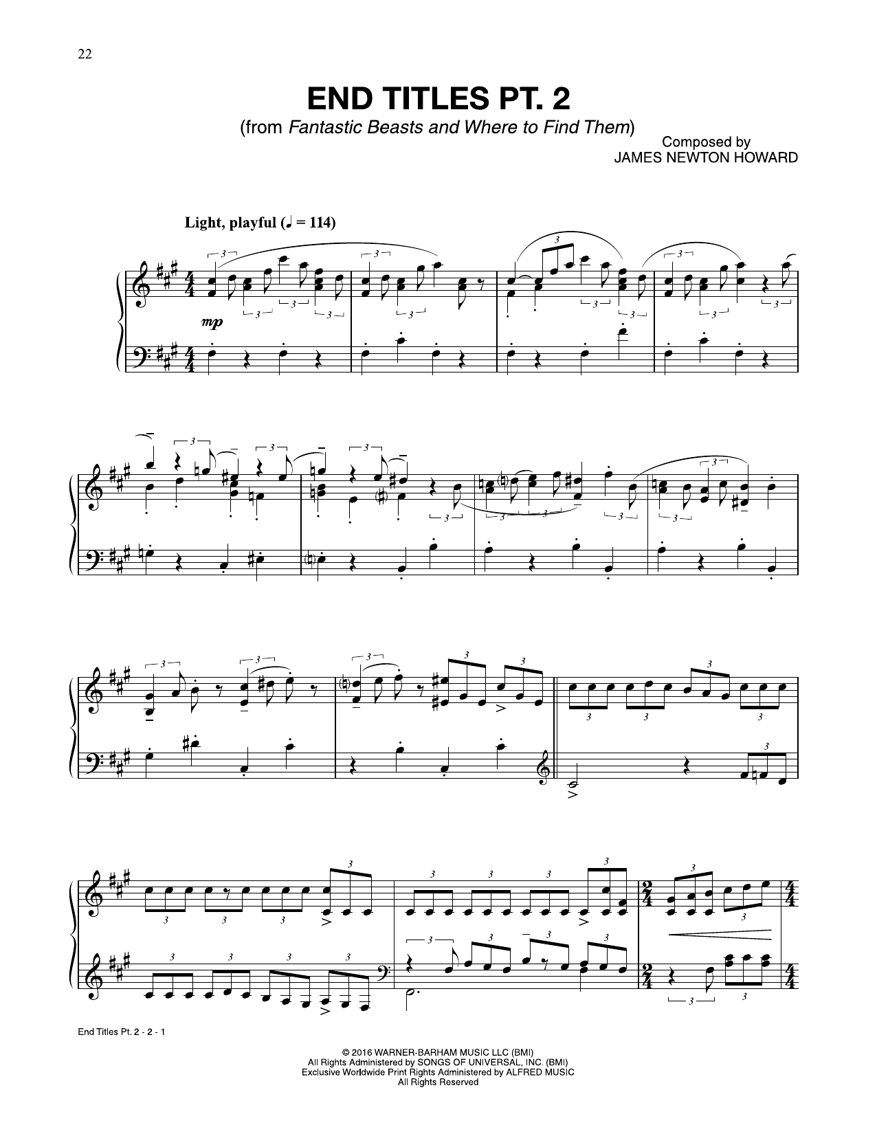 James Newton Howard End Titles Pt. 2 (from Fantastic Beasts And Where To Find Them) sheet music notes and chords arranged for Piano Solo