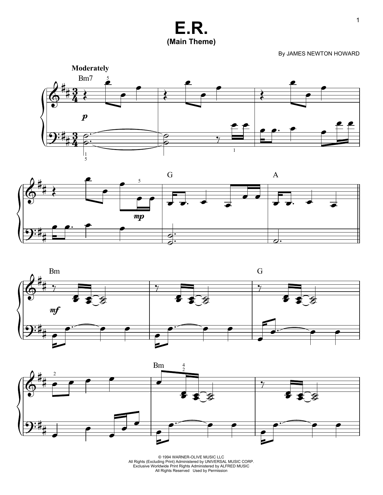 James Newton Howard E.R. (Main Theme) sheet music notes and chords arranged for Very Easy Piano
