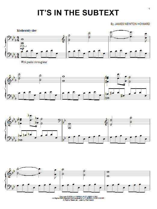 James Newton Howard It's In The Subtext sheet music notes and chords arranged for Piano Solo