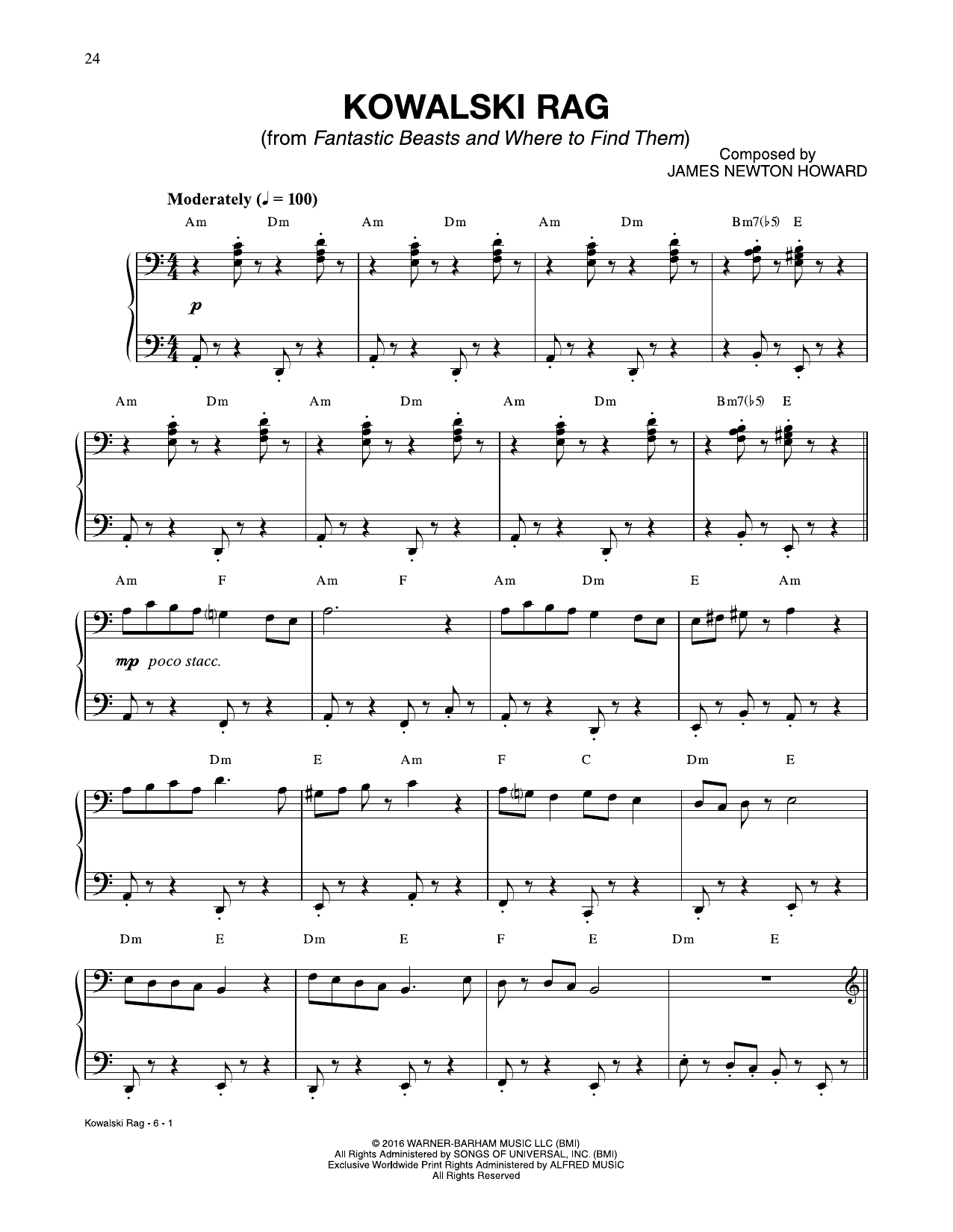 James Newton Howard Kowalski Rag (from Fantastic Beasts And Where To Find Them) sheet music notes and chords arranged for Piano Solo