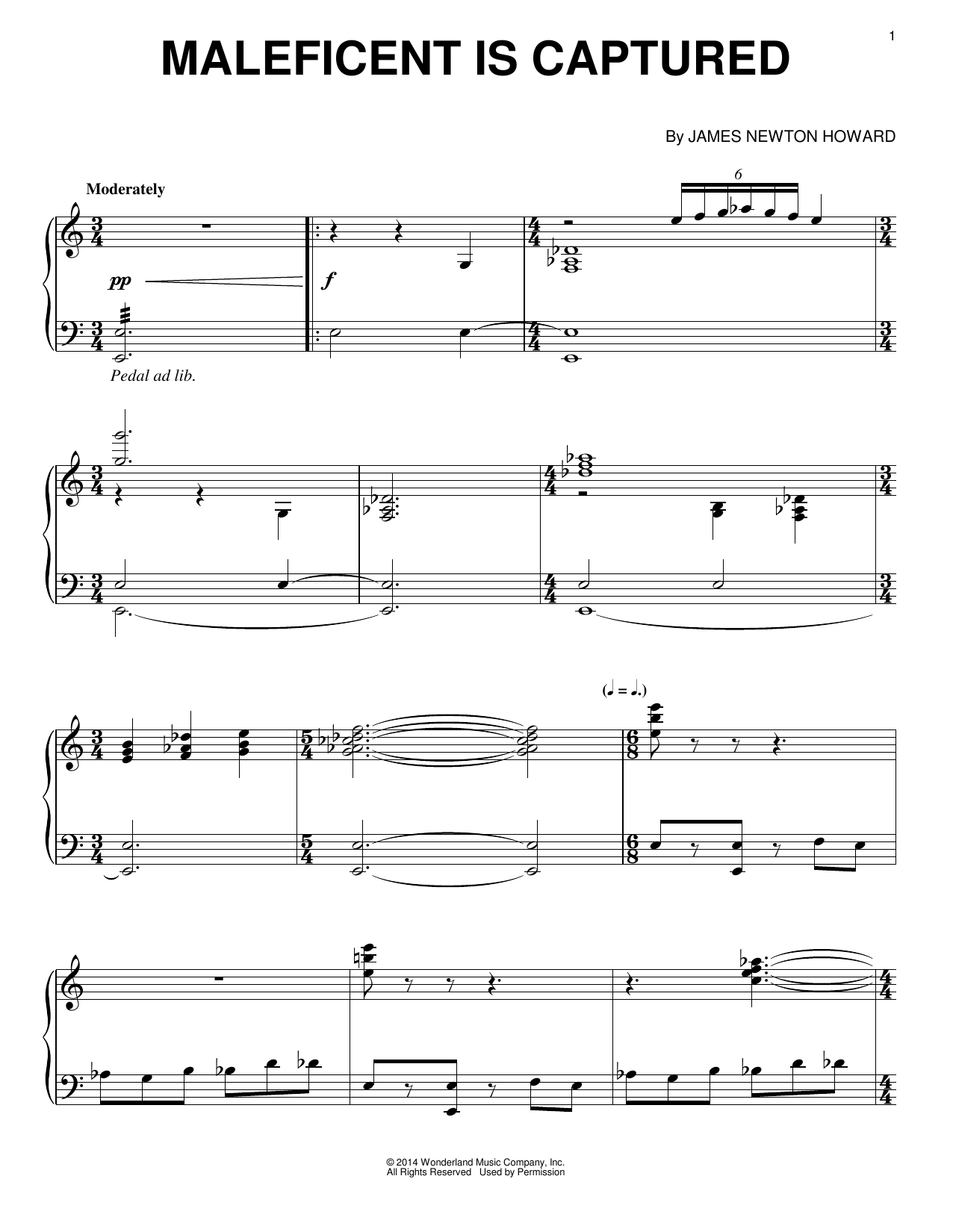 James Newton Howard Maleficent Is Captured sheet music notes and chords arranged for Piano Solo