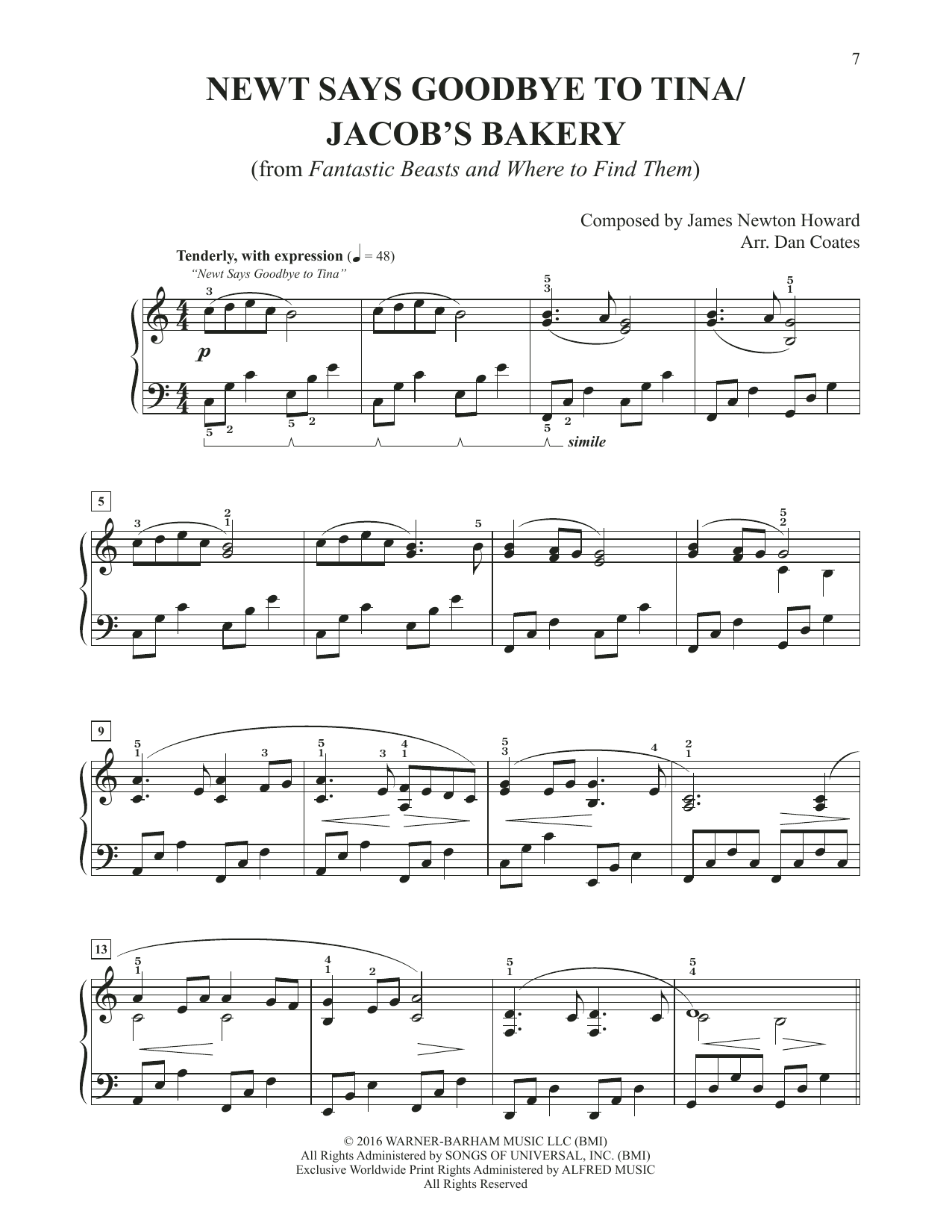 James Newton Howard Newt Says Goodbye To Tina / Jacob's Bakery (arr. Dan Coates) sheet music notes and chords arranged for Easy Piano