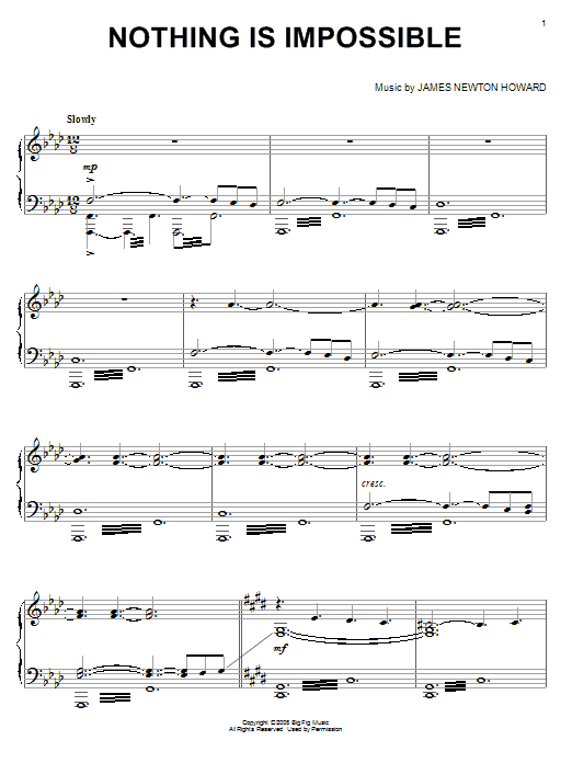 James Newton Howard Nothing Is Impossible sheet music notes and chords arranged for Piano Solo