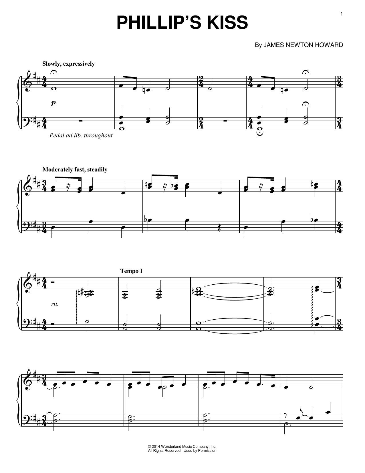 James Newton Howard Phillip's Kiss sheet music notes and chords arranged for Piano Solo