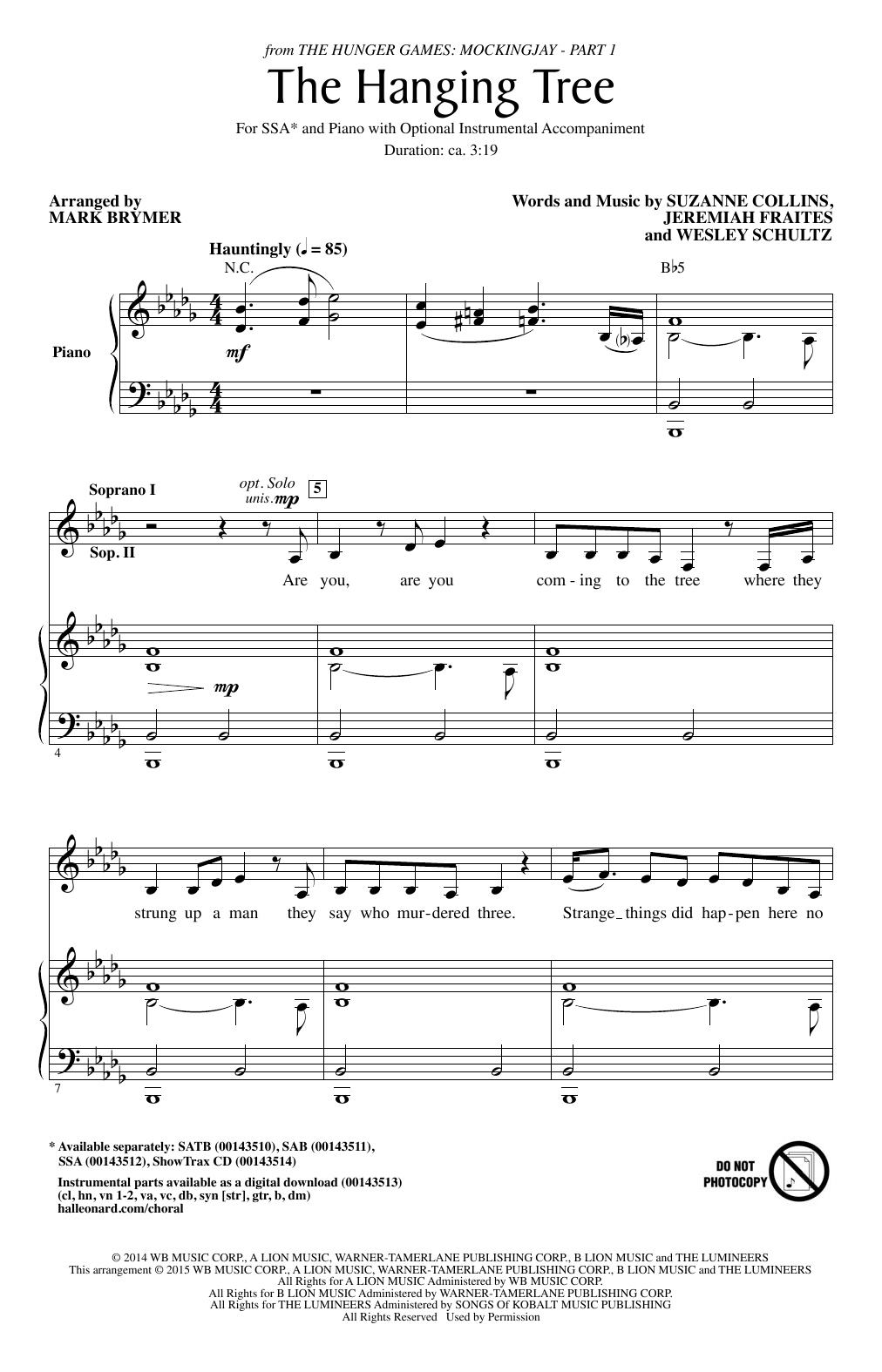 James Newton Howard The Hanging Tree (arr. Mark Brymer) sheet music notes and chords arranged for SSA Choir
