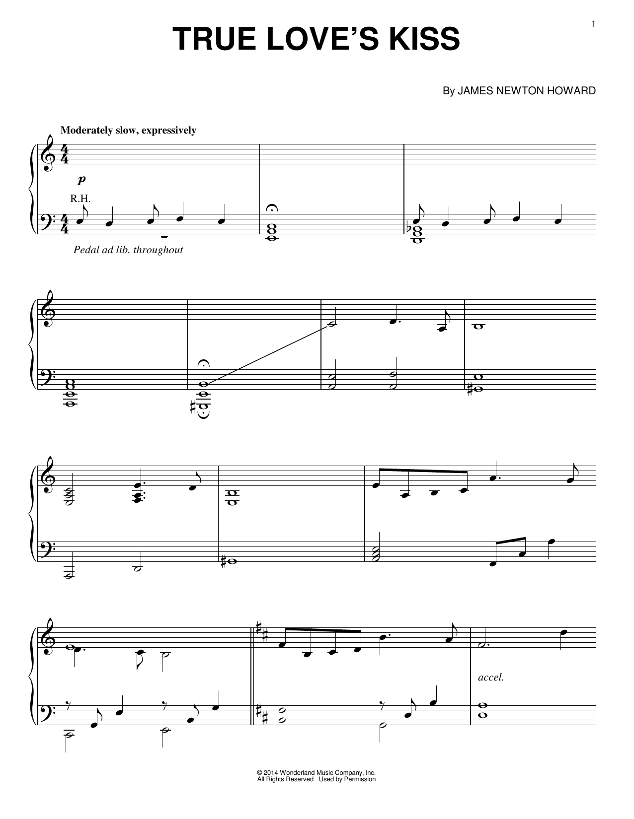 James Newton Howard True Love's Kiss (from Maleficent) sheet music notes and chords arranged for Piano Solo
