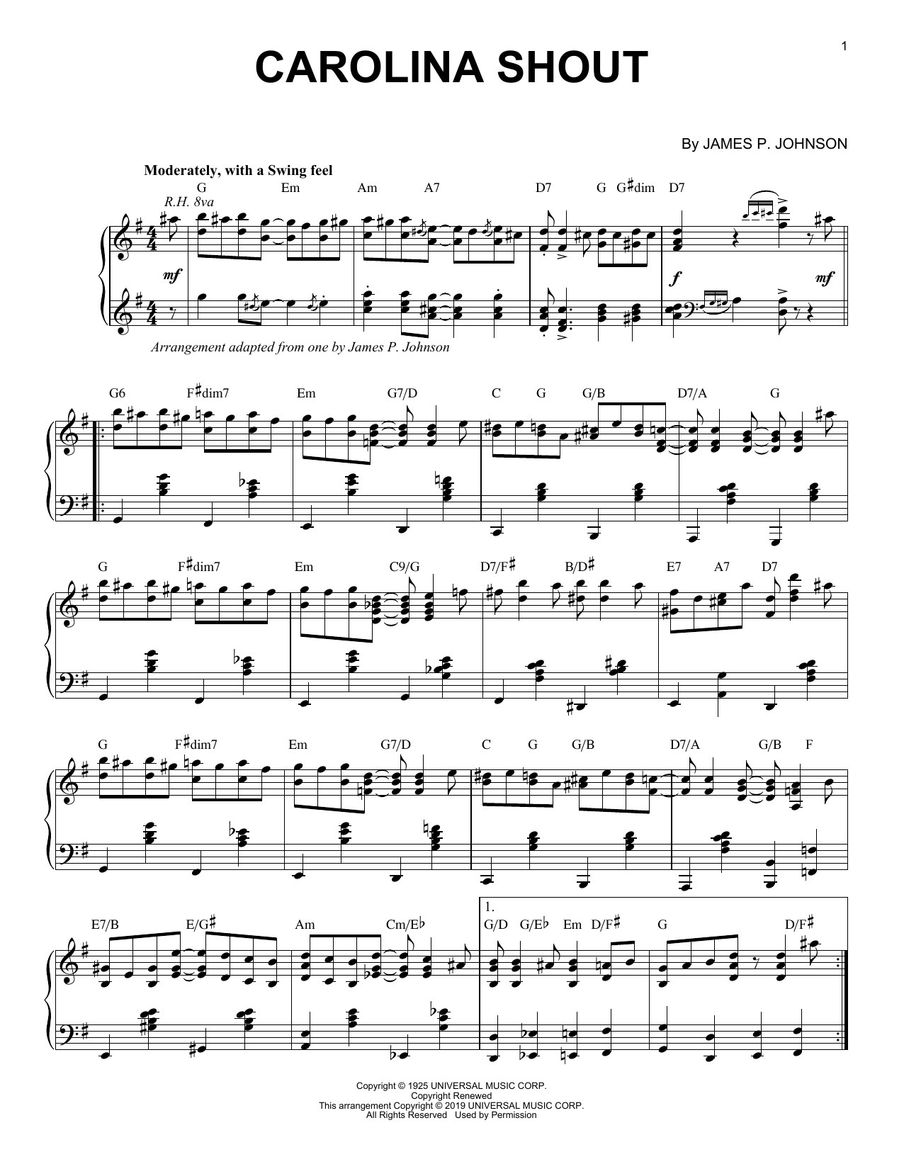 James P. Johnson Carolina Shout [Jazz version] sheet music notes and chords arranged for Piano Solo