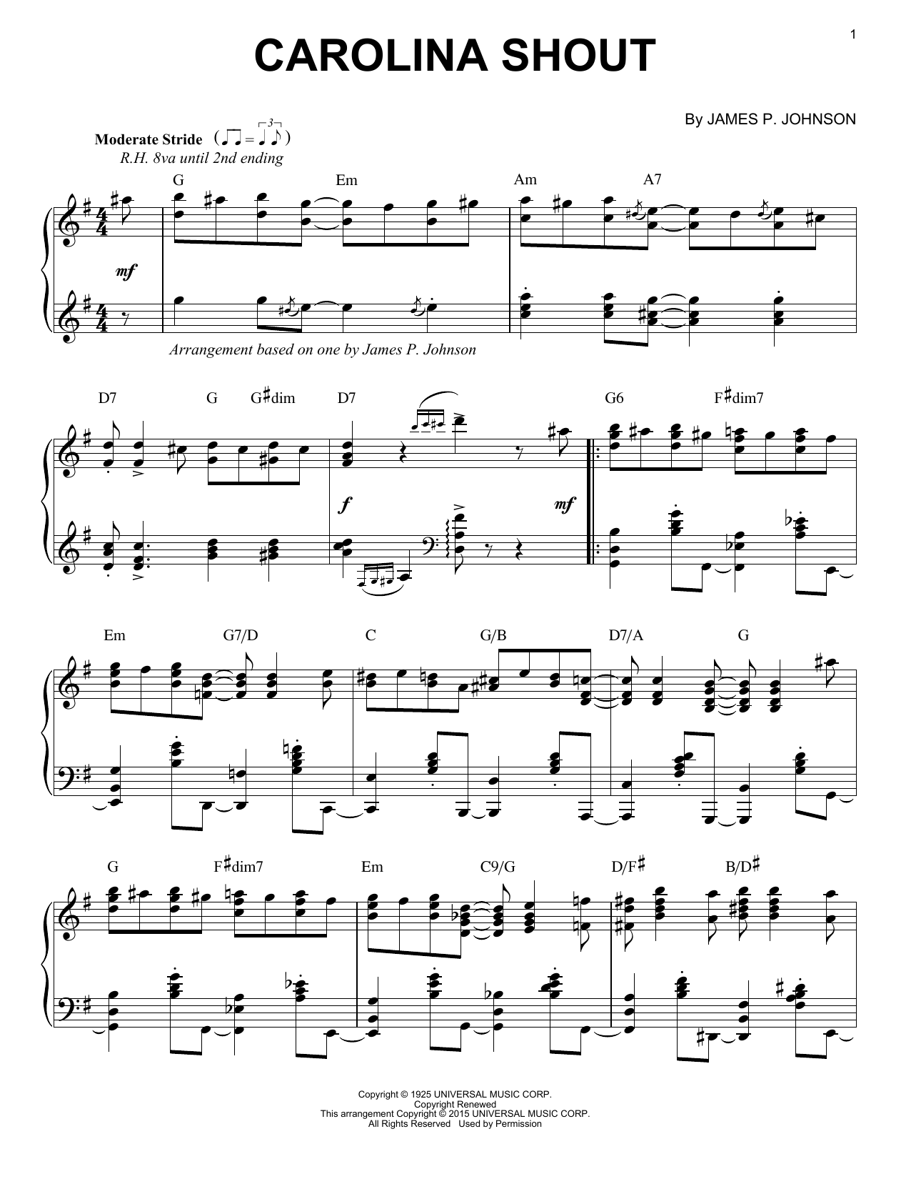 James P. Johnson Carolina Shout [Stride version] (arr. Brent Edstrom) sheet music notes and chords arranged for Piano Solo