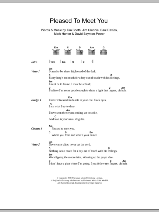 James Pleased To Meet You sheet music notes and chords arranged for Guitar Chords/Lyrics