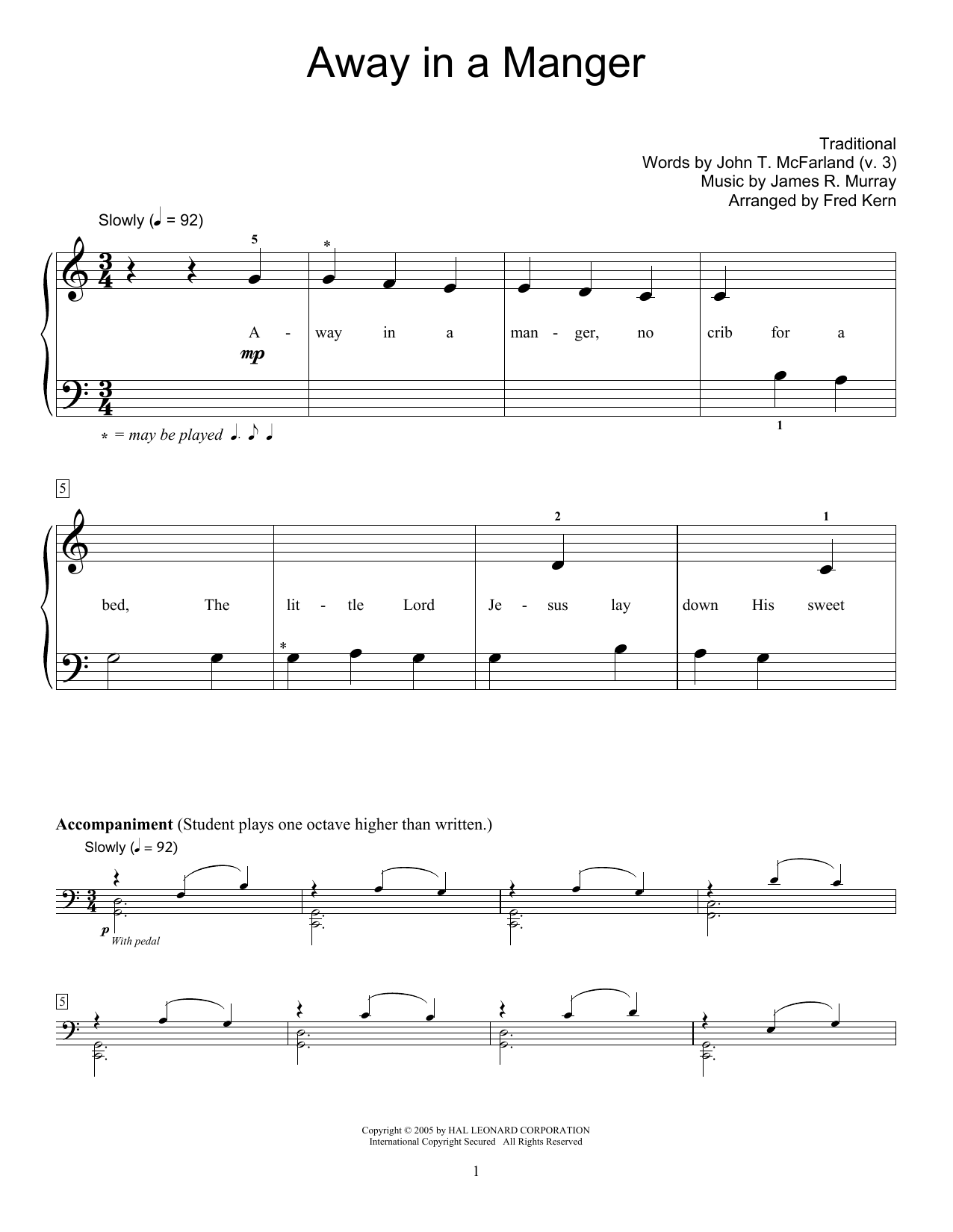 James R. Murray Away In A Manger (arr. Fred Kern) sheet music notes and chords arranged for Educational Piano