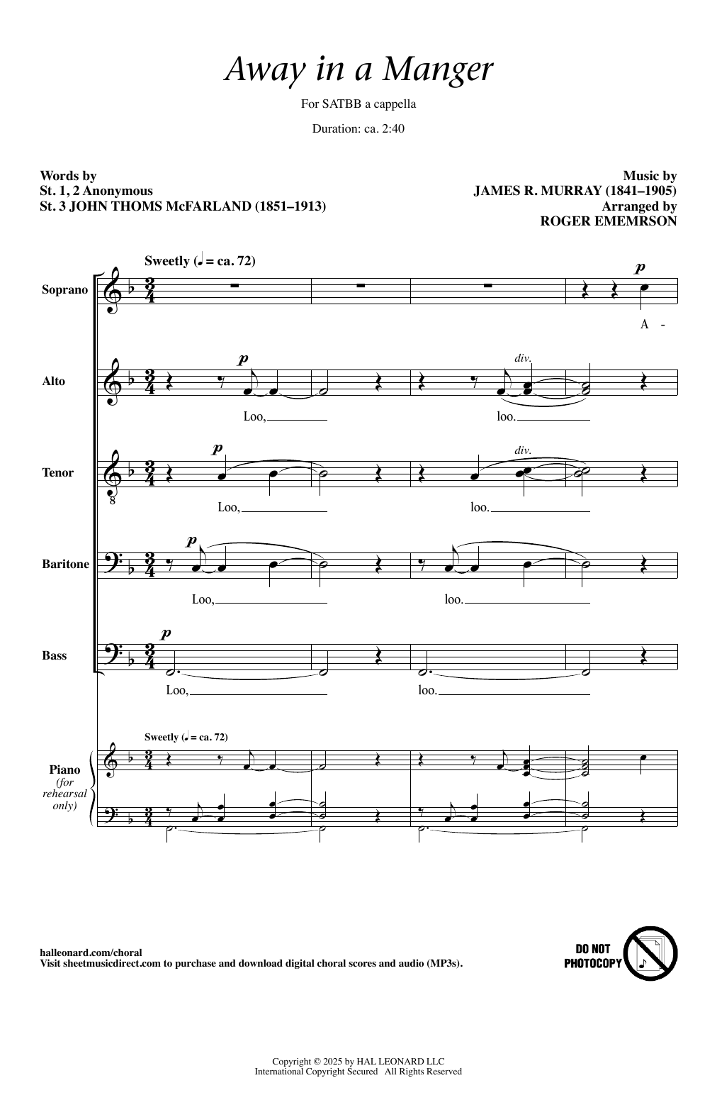James R. Murray Away In A Manger (arr. Roger Emerson) sheet music notes and chords arranged for SATBB Choir