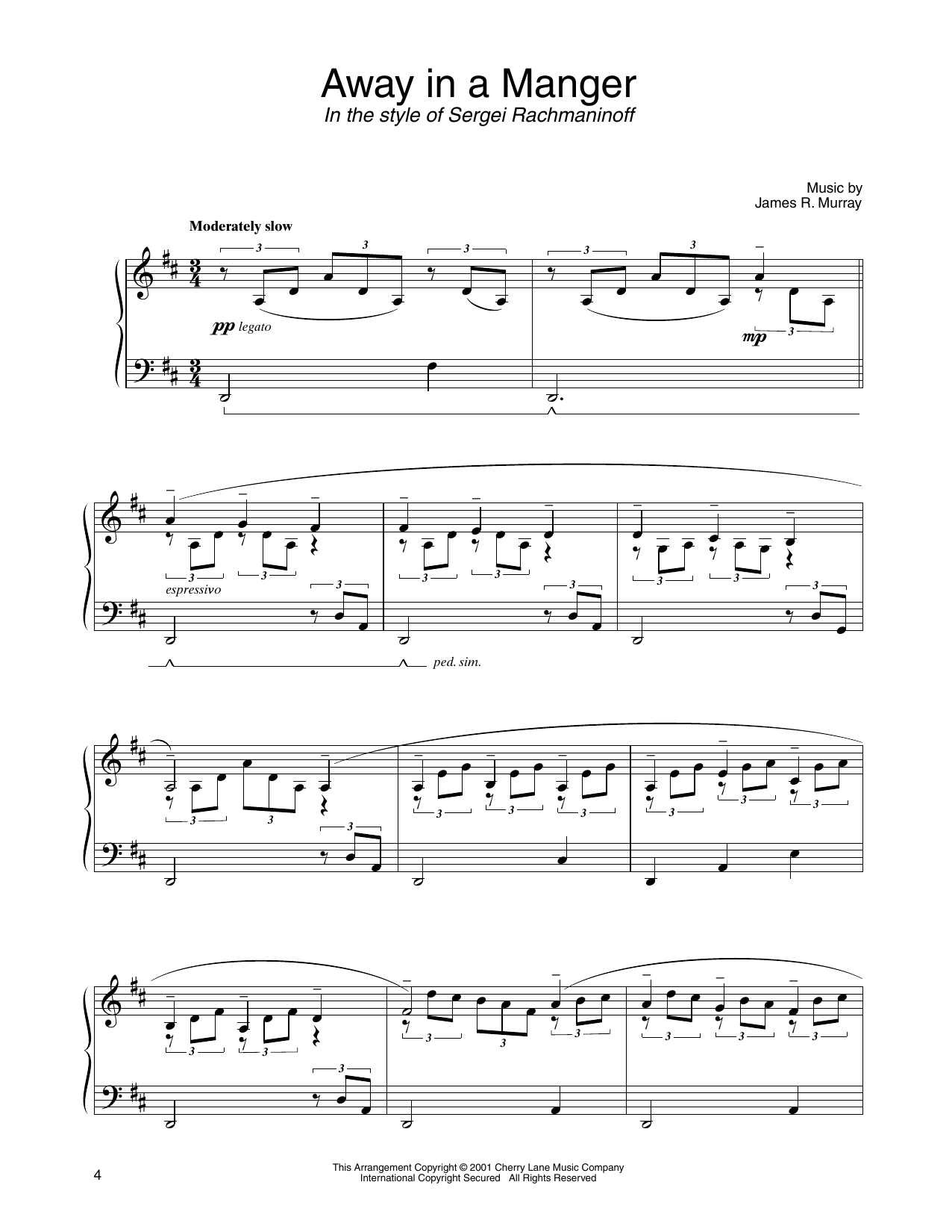 James R. Murray Away In A Manger (in the style of Sergei Rachmaninoff) (arr. Carol Klose) sheet music notes and chords arranged for Piano Solo