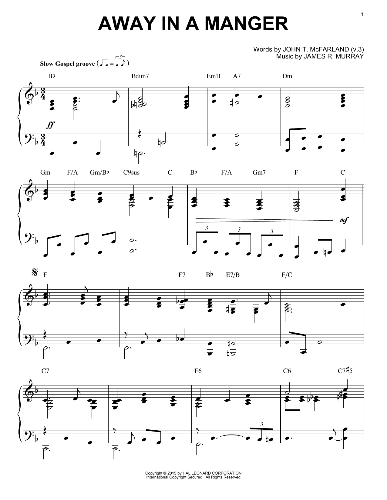 James R. Murray Away In A Manger [Jazz version] (arr. Brent Edstrom) sheet music notes and chords arranged for Piano Solo