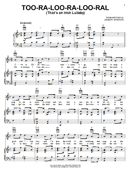 James R. Shannon Too-Ra-Loo-Ra-Loo-Ral (That's An Irish Lullaby) sheet music notes and chords arranged for Piano, Vocal & Guitar Chords (Right-Hand Melody)