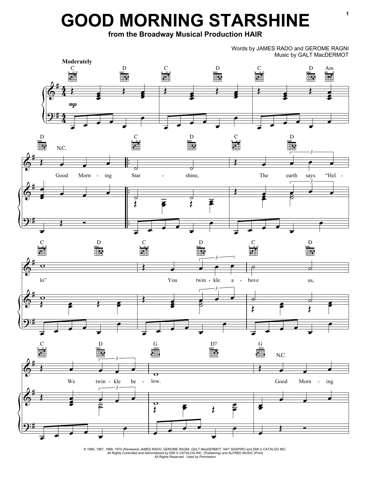 James Rado Good Morning Starshine sheet music notes and chords arranged for Piano Solo