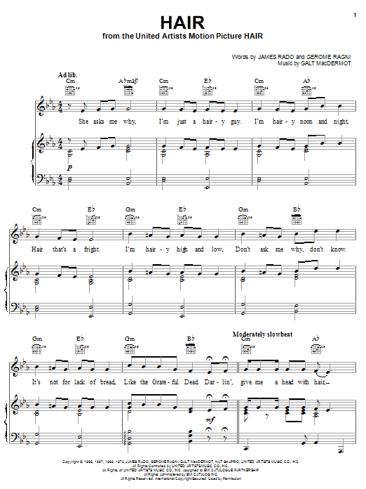 James Rado Hair sheet music notes and chords arranged for Piano, Vocal & Guitar Chords (Right-Hand Melody)