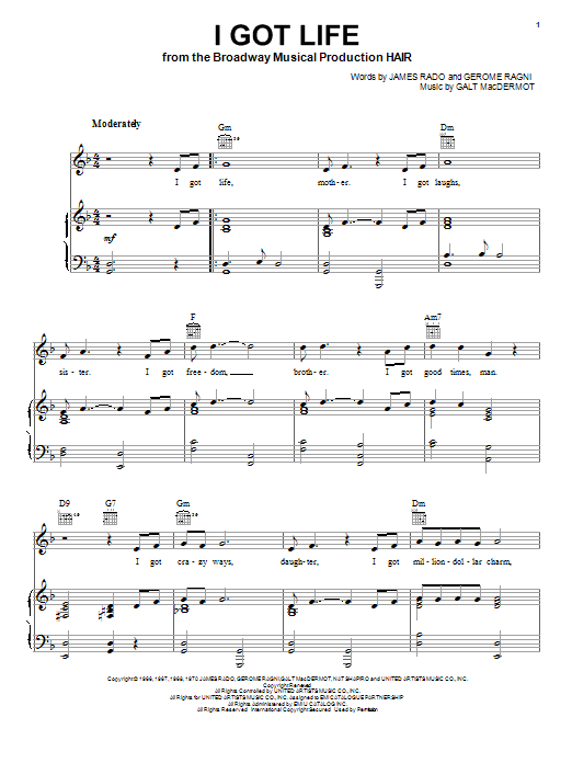 James Rado I Got Life sheet music notes and chords arranged for Piano, Vocal & Guitar Chords (Right-Hand Melody)